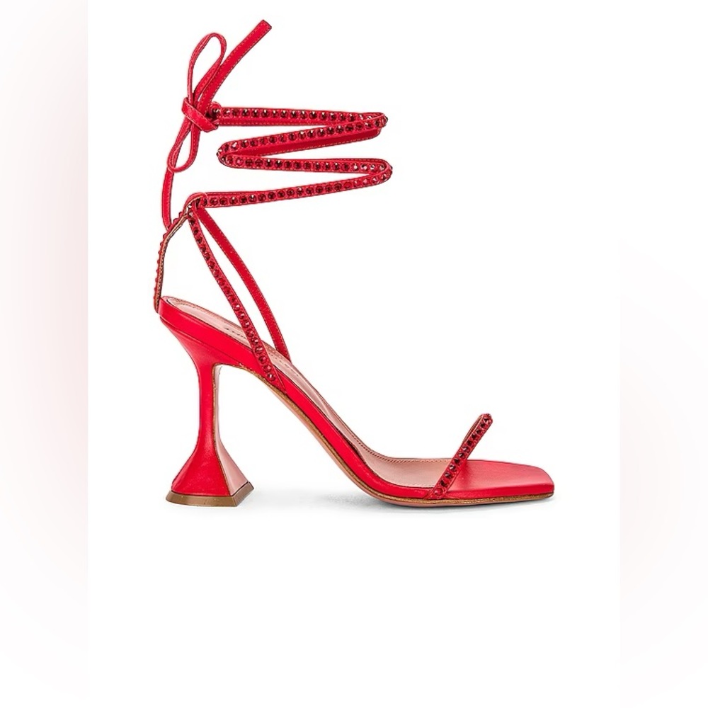 Amina Muaddi Red Leather Vita Crystals Ankle Wrap Sandals Size 38.5